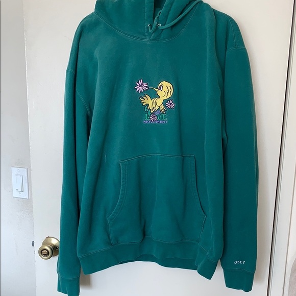Unisex Gently Loved Obey Green Hoodie with Yellow Bird Embroidery Love Movement - Picture 1 of 10